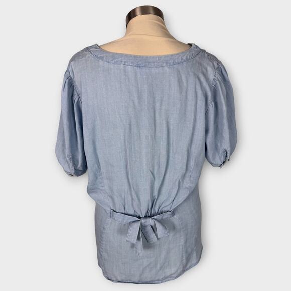 Jane + Delancey Large Lyocell Blue Short Sleeve Button Front Shirt Tie Back - Picture 5 of 8